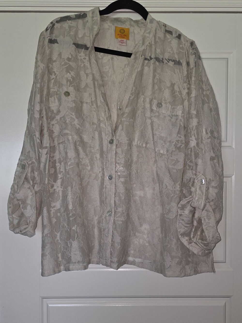 Ruby Rd. Light Taupe Floral Sheer Button-Down Shirt Size 16W